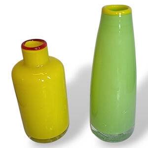 2 Colorful Vintage‎ 80s Blown Art Glass Vases Green & Yellow 6"&5"